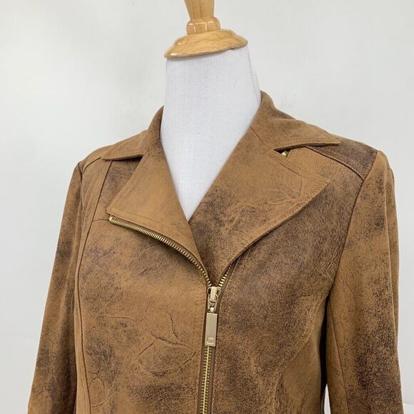 Chicos Jacket Womens 00 Brown Faux Suede Elongated Moto Zip Up Stretch Pockets - Picture 3 of 16